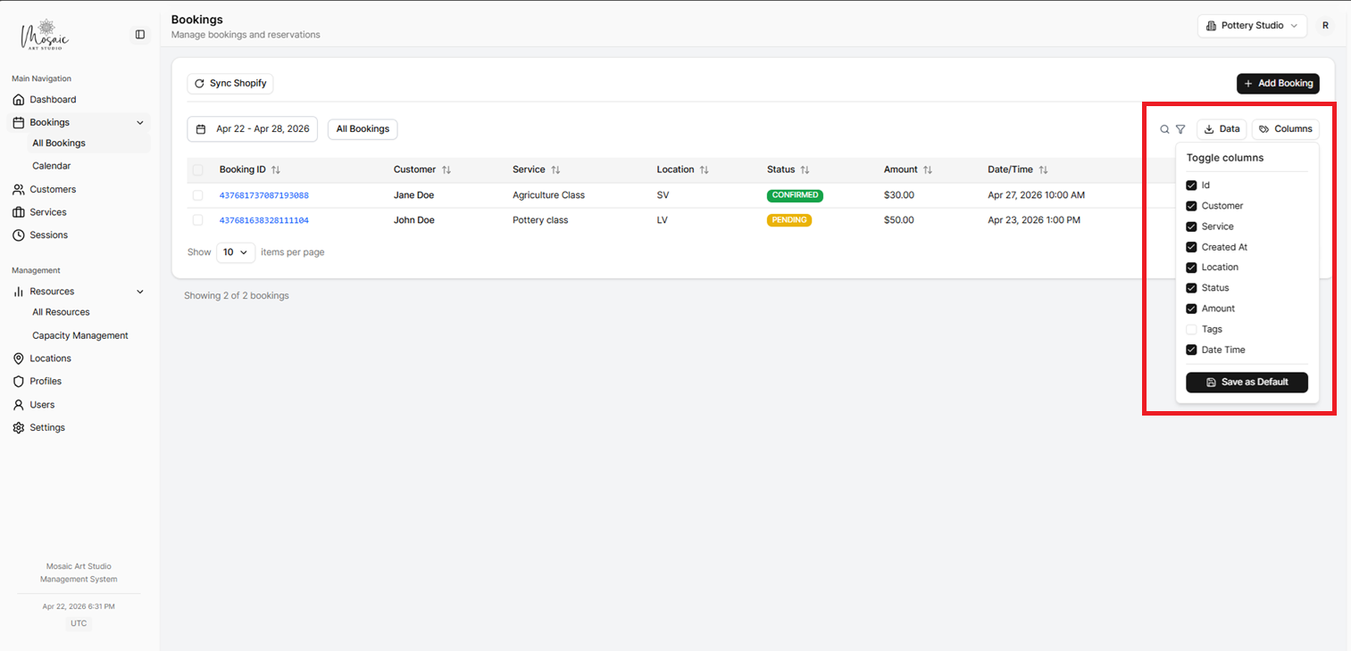 Bookings page with column layout options highlighted